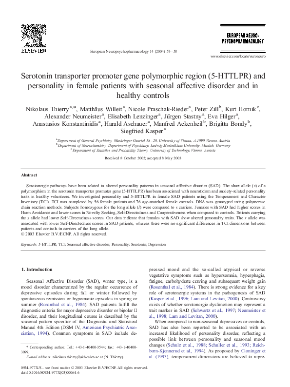 (PDF) Serotonin transporter promoter gene polymorphic region (5-HTTLPR ...
