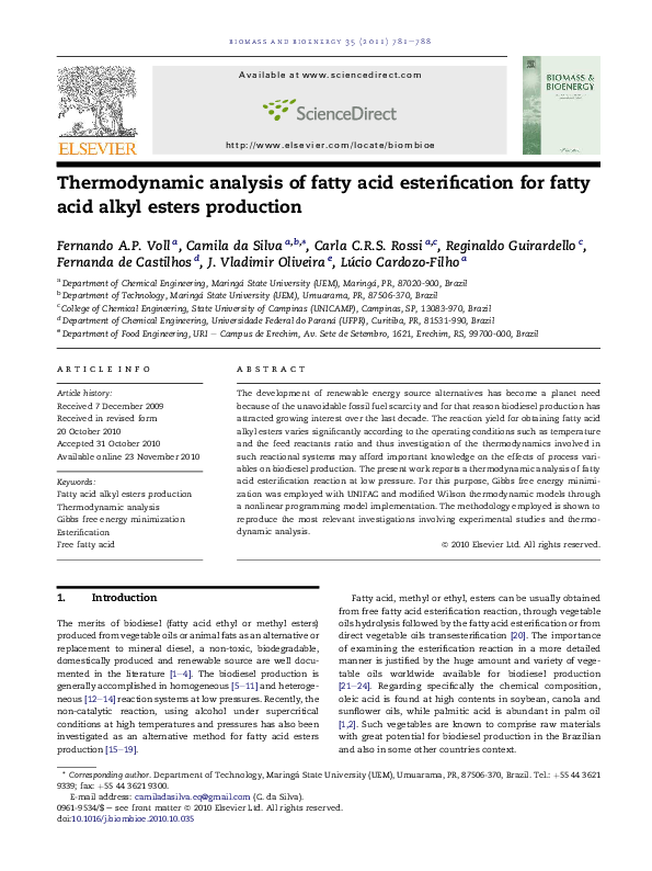(PDF) Thermodynamic analysis of fatty acid esterification for fatty