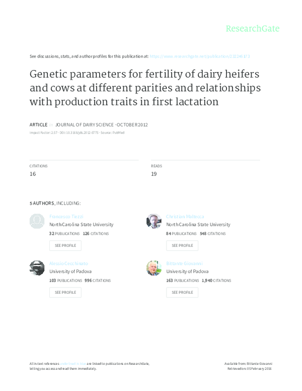 (PDF) Genetic parameters for fertility of dairy heifers and cows at ...