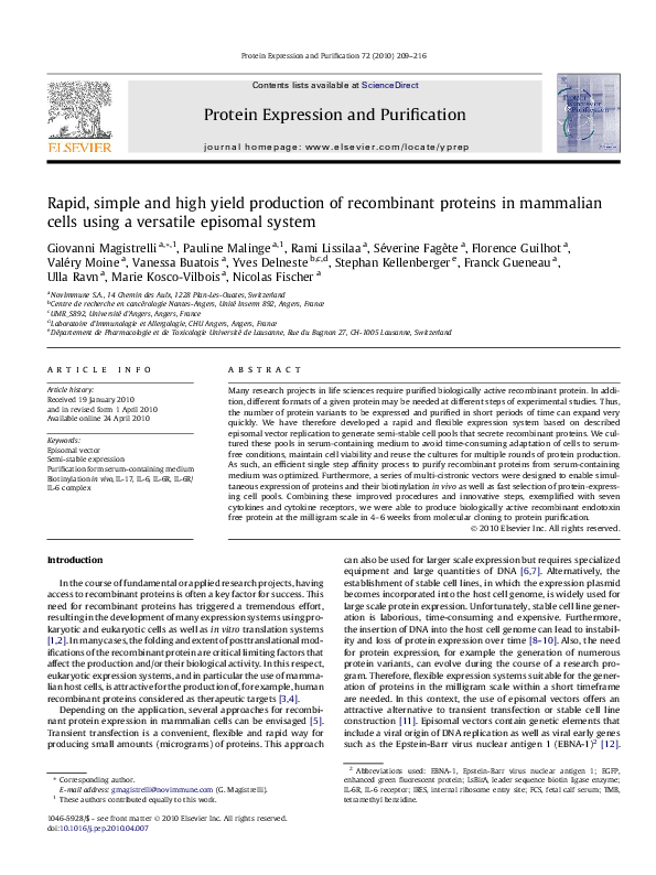 (PDF) Rapid, simple and high yield production of proteins in mammalian cells using a