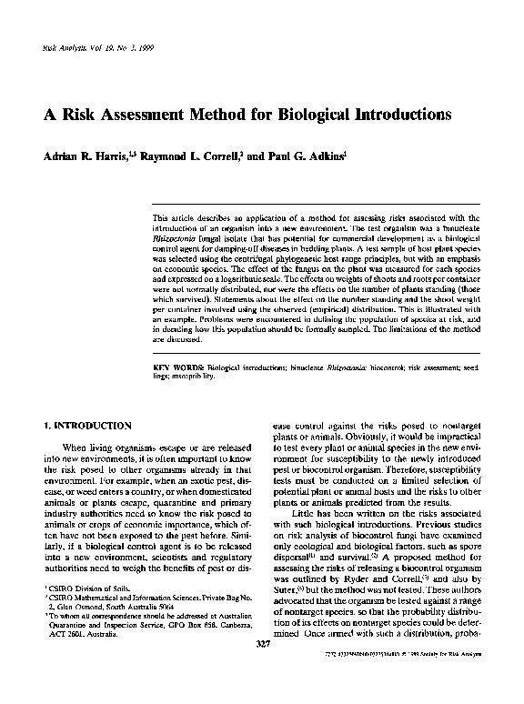 (PDF) A Risk Assessment Method for Biological Introductions