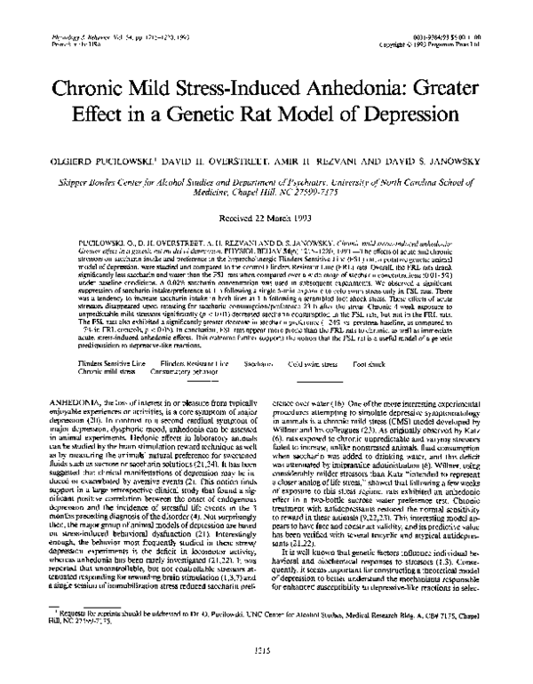 (PDF) Chronic mild stressinduced anhedonia Greater effect in a