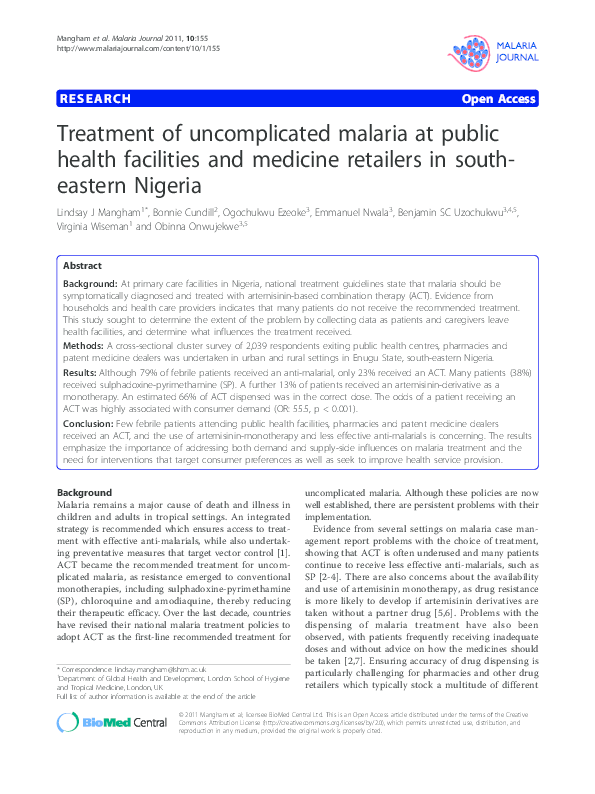 (PDF) Treatment of malaria at public health facilities