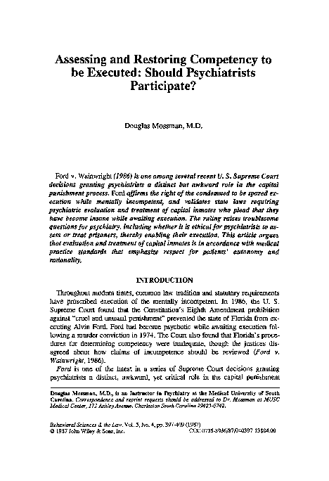 (PDF) Assessing and restoring competency to be executed: Should ...
