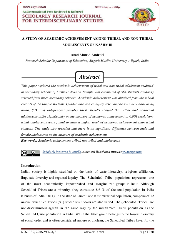 (PDF) A STUDY OF ACADEMIC ACHIEVEMENT AMONG TRIBAL AND NON-TRIBAL ...