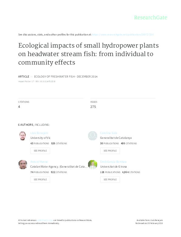 (PDF) Ecological impacts of small hydropower plants on headwater stream ...