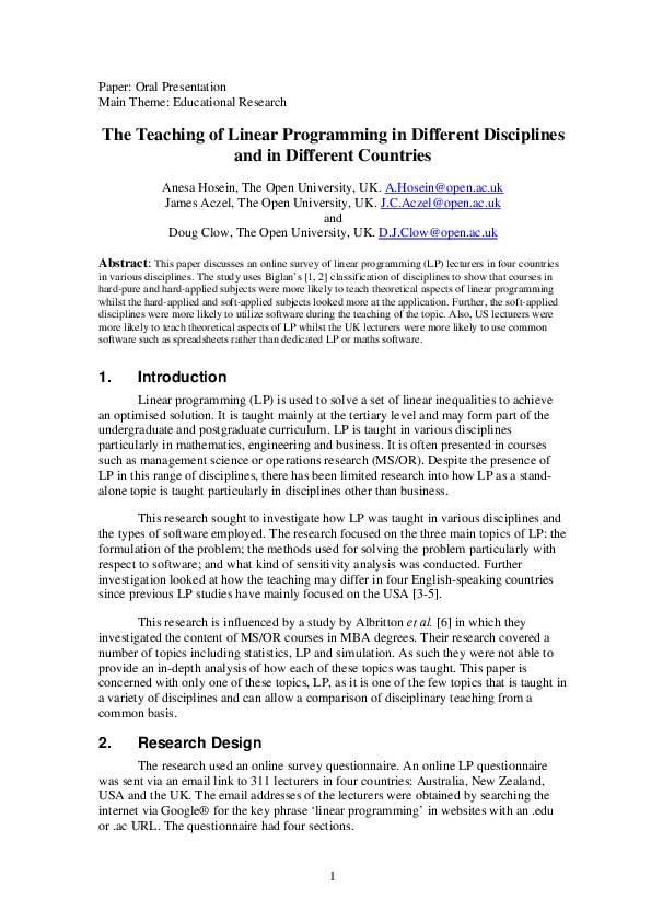 (PDF) The Teaching of Linear Programming in Different Disciplines and