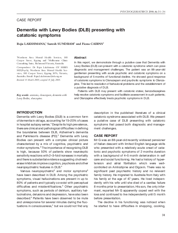 (PDF) Dementia with Lewy Bodies (DLB) presenting with catatonic symptoms