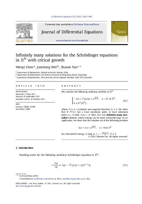 (PDF) Infinitely many solutions for the Schrödinger equations in with ...