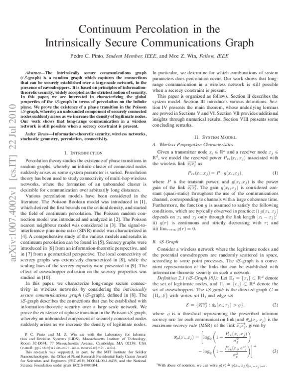 (PDF) Continuum percolation in the intrinsically secure communications ...