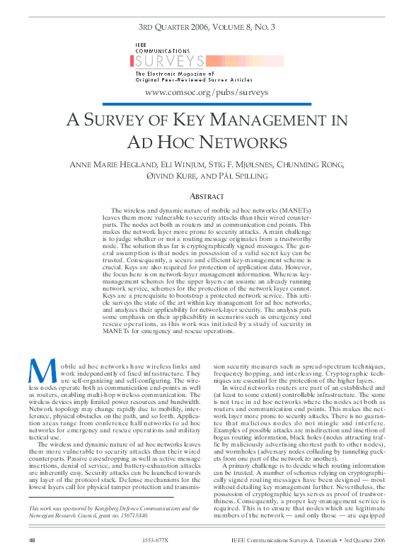 (PDF) A survey of key management in ad hoc networks