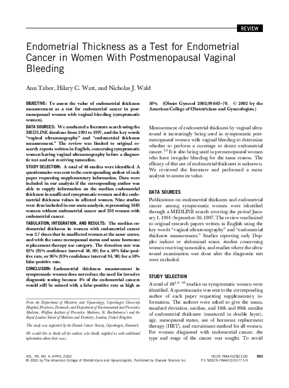 (PDF) Endometrial thickness as a test for endometrial cancer in women
