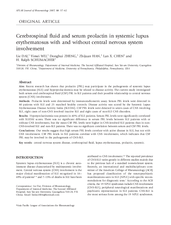 (PDF) Cerebrospinal fluid and serum prolactin in systemic lupus ...