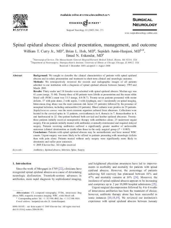 (PDF) Spinal epidural abscess: clinical presentation, management, and ...