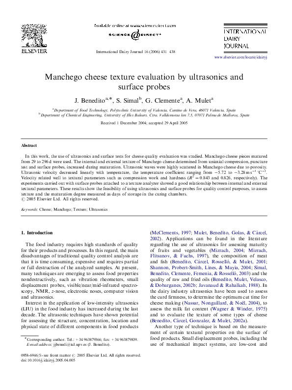 (PDF) Manchego cheese texture evaluation by ultrasonics and surface probes