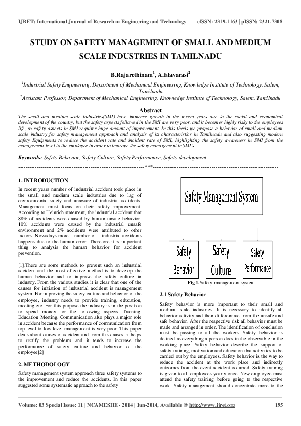 (PDF) STUDY ON SAFETY MANAGEMENT OF SMALL AND MEDIUM SCALE INDUSTRIES IN TAMILNADU eSAT