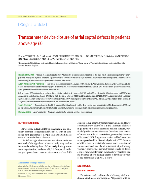 (PDF) Transcatheter device closure of atrial septal defects in the ...