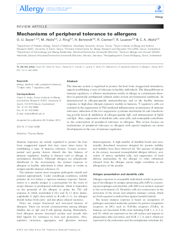 (PDF) Mechanisms of peripheral tolerance to allergens