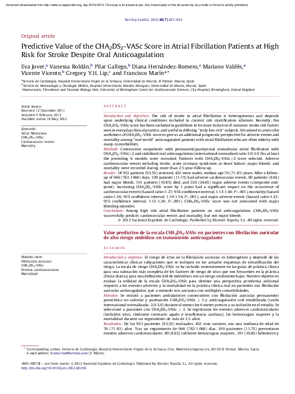 (PDF) Predictive Value of the CHA2DS2-VASc Score in Atrial Fibrillation ...