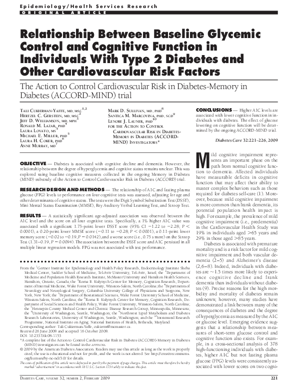 (PDF) Relationship Between Baseline Glycemic Control and Cognitive ...