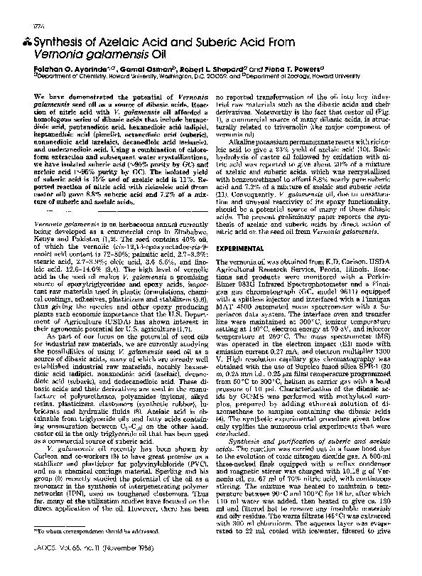【am】 PDF) Synthesis of azelaic acid and suberic acid fromVernonia