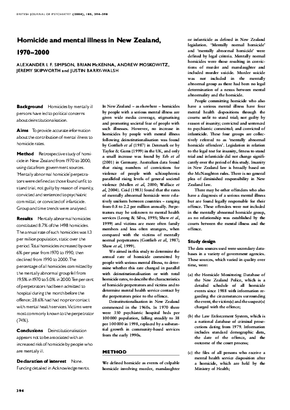 (PDF) Homicide and mental illness in New Zealand, 19702000 Andrew