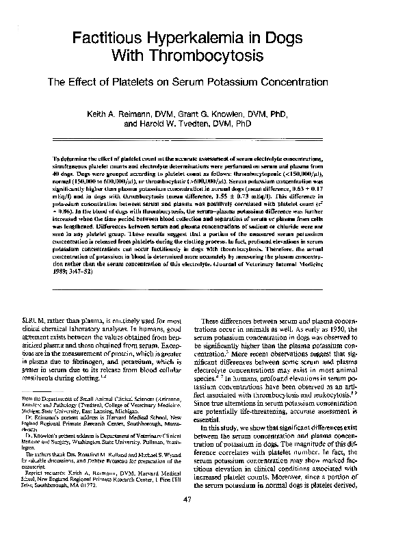 (PDF) Factitious Hyperkalemia in Dogs With Thrombocytosis Harold
