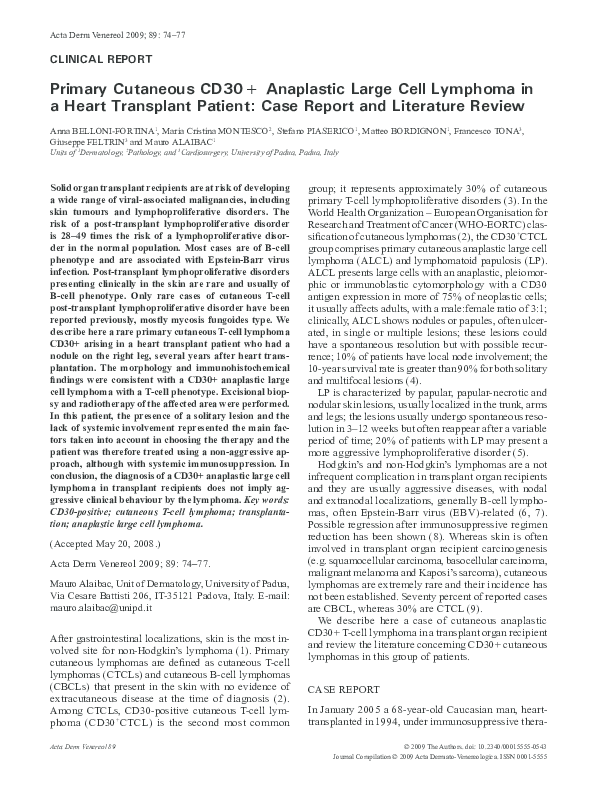 (PDF) Primary Cutaneous CD30+ Anaplastic Large Cell Lymphoma in a Heart ...