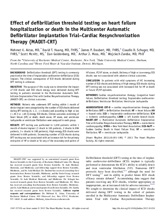 (PDF) Effect of defibrillation threshold testing on heart failure hospitalization or death in