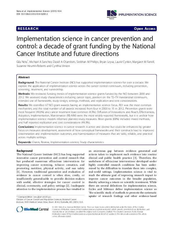 (PDF) Implementation science in cancer prevention and control: a ...