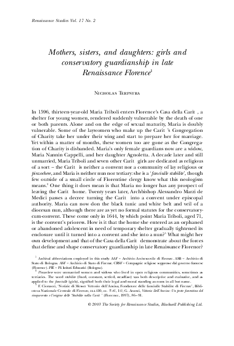 Mothers, sisters, and daughters: girls and conservatory guardianship in late Renaissance Florence1