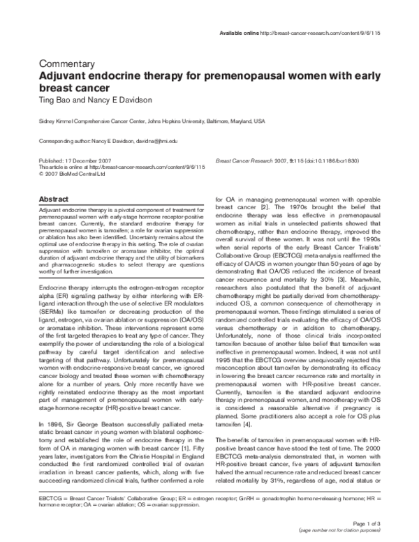 (PDF) Adjuvant endocrine therapy for premenopausal women with breast cancer
