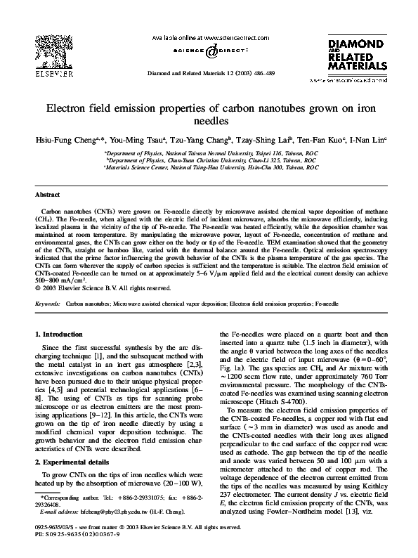 (PDF) Electron field emission properties of carbon nanotubes grown on ...