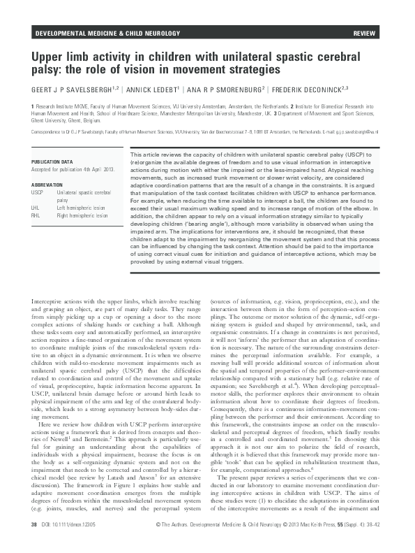 (PDF) Upper limb activity in children with unilateral spastic cerebral ...