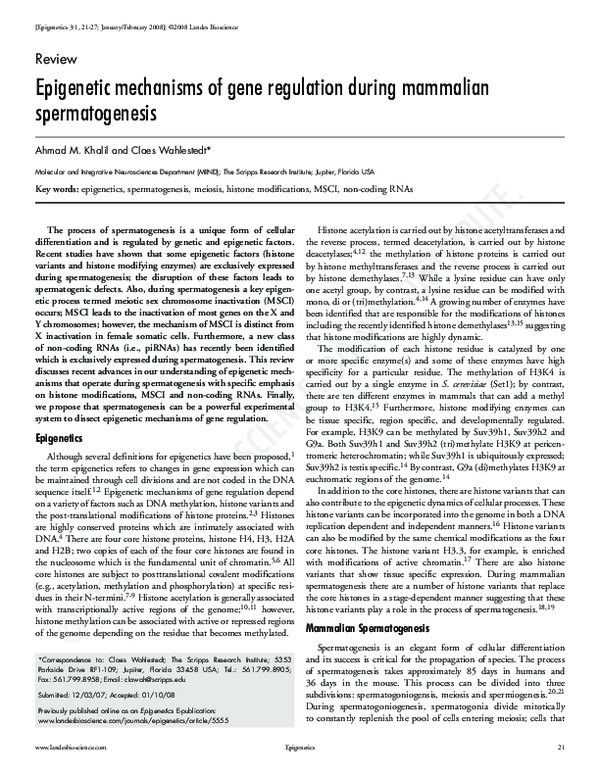 (PDF) Epigenetic mechanisms of gene regulation during mammalian ...