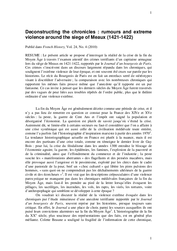 Deconstructing the chronicles : rumours and extreme violence around the siege of Meaux (1421-1422