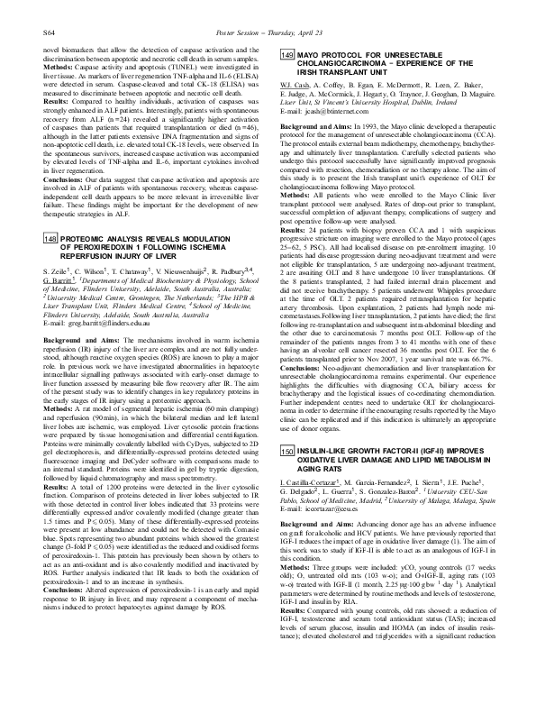 148 PROTEOMIC ANALYSIS REVEALS MODULATION OF PEROXIREDOXIN 1 FOLLOWING ISCHEMIA REPERFUSION INJURY OF LIVER