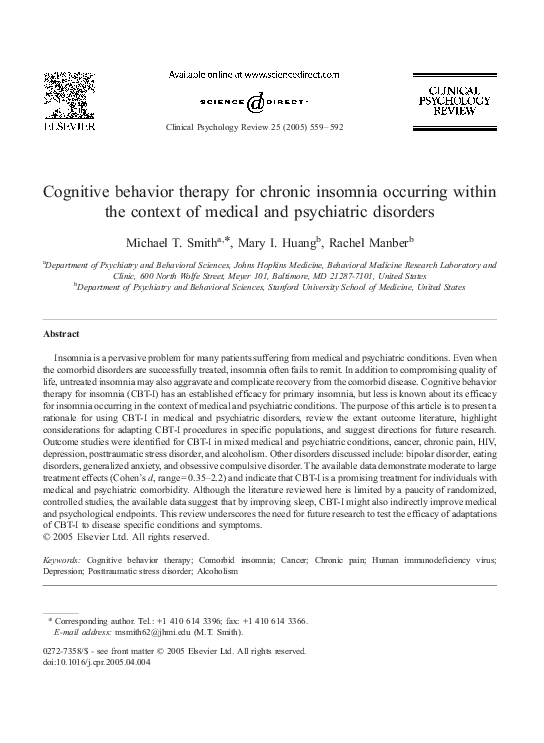(PDF) Cognitive behavior therapy for chronic insomnia