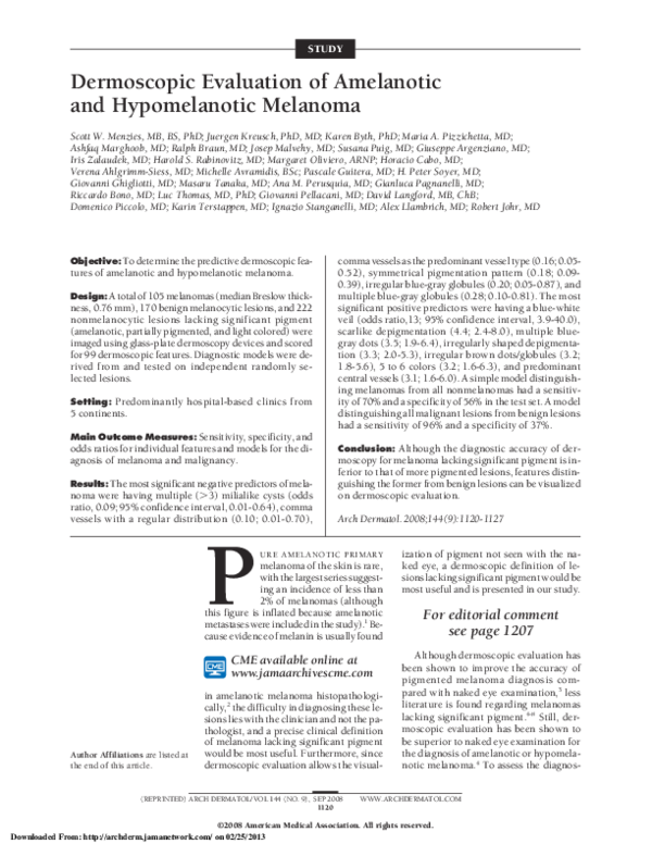 (PDF) Dermoscopic Evaluation of Amelanotic and Hypomelanotic Melanoma
