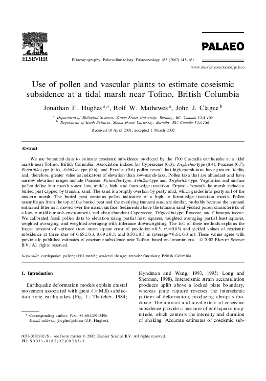 (PDF) Use of pollen and vascular plants to estimate coseismic subsidence at a tidal marsh near