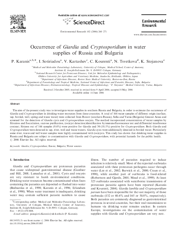 (PDF) Occurrence of Giardia and Cryptosporidium in water supplies of ...