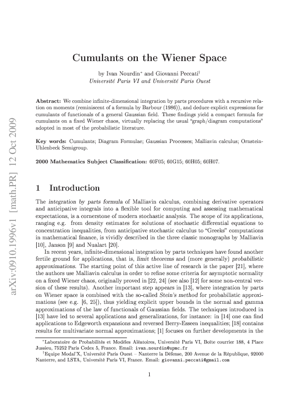 (PDF) Cumulants on the Wiener space Ivan Nourdin and Giovanni