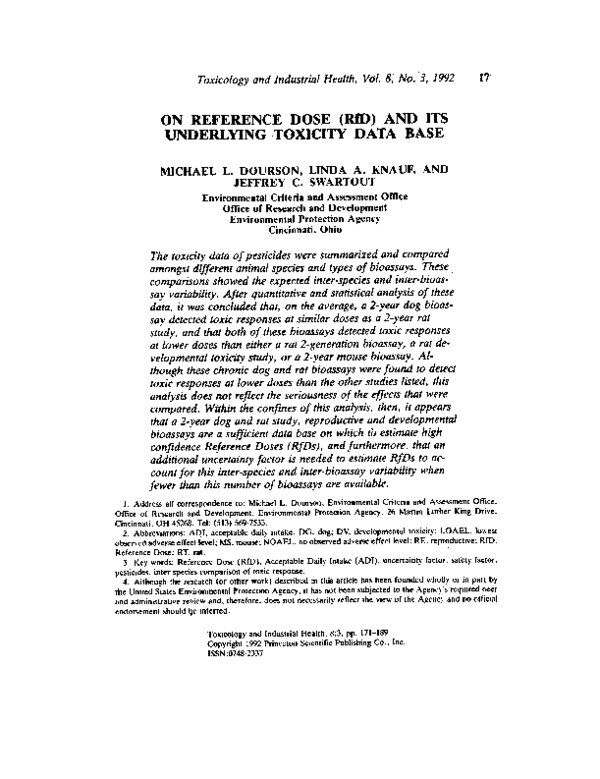 (PDF) ON REFERENCE DOSE (RfD) AND ITS UNDERLYING TOXICITY DATA BASE