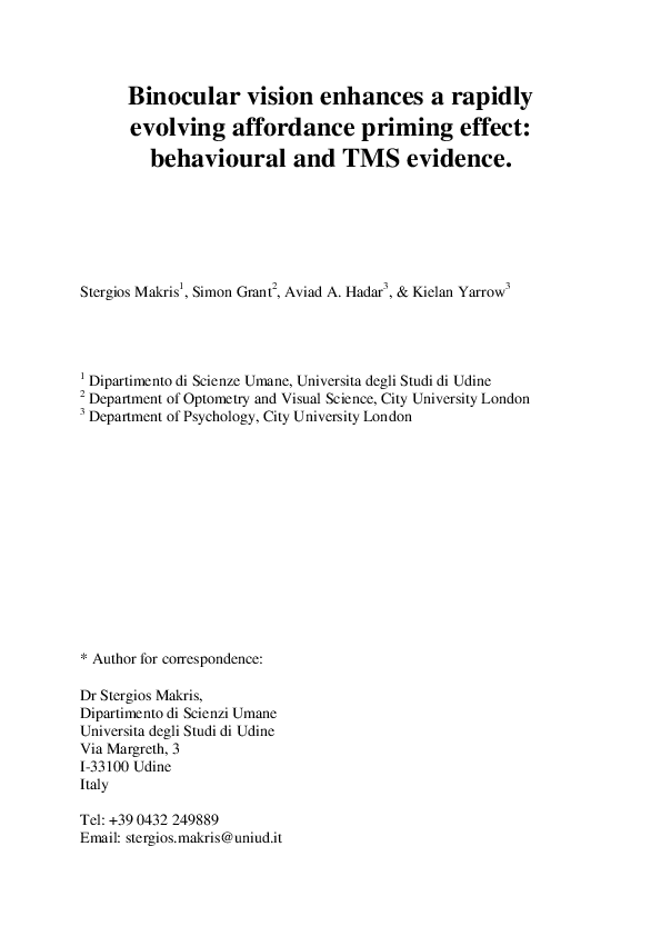 (PDF) Binocular vision enhances a rapidly evolving affordance priming