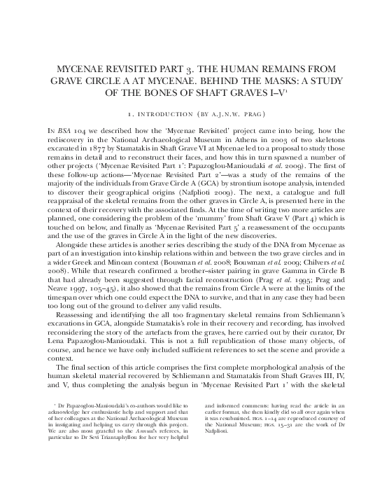 Mycenae Revisited Part 3. The Human Remains from Grave Circle A at Mycenae. Behind the Masks: A Study of the Bones of Shaft Graves I–V