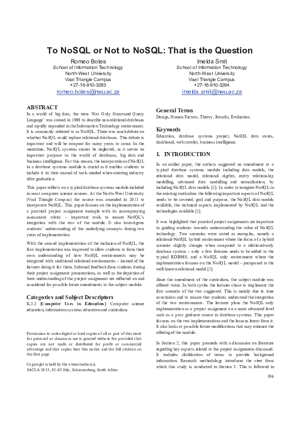 (PDF) To NoSQL or Not to NoSQL: That is the Question