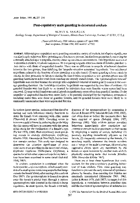 Pdf Post Copulatory Mate Guarding In Decorated Crickets