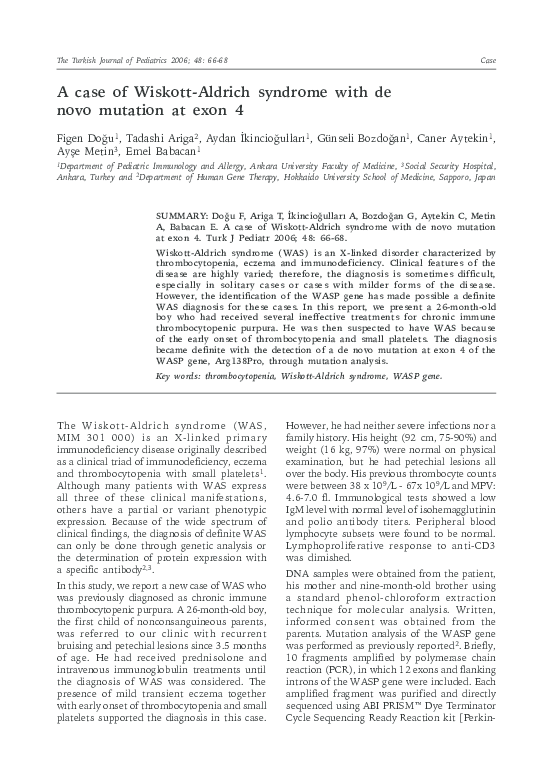(PDF) A case of Wiskott-Aldrich syndrome with de novo mutation at exon 4