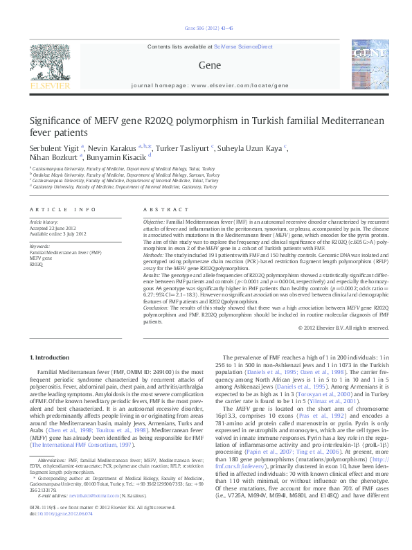 (PDF) Significance of MEFV gene R202Q polymorphism in Turkish familial ...