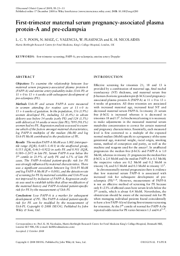 (PDF) Firsttrimester maternal serum pregnancyassociated plasma